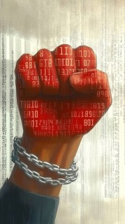 A red fist wrapped in chains with digital codes glowing against a background, AI generated