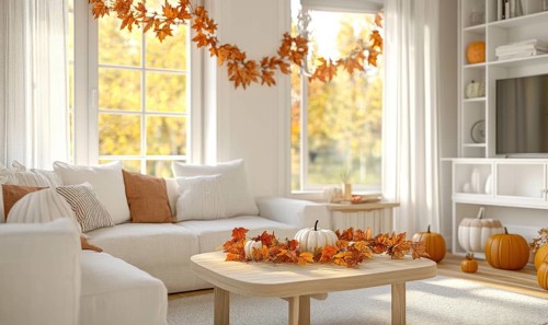 Scandinavian living room with a white sofa, light wooden coffee table, autumn leaves garland and