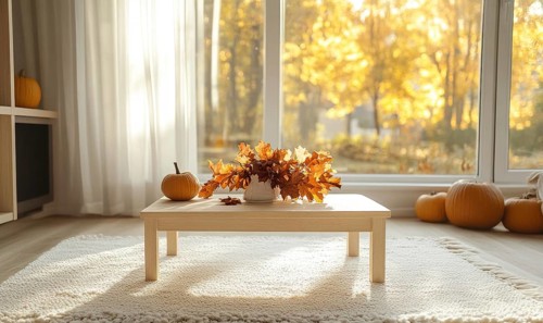 Scandinavian living room with a light wooden coffee table, white rug, autumn leaves centerpiece,
