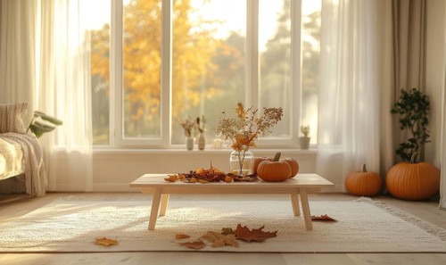 Scandinavian living room with a light wooden coffee table, white rug, autumn leaves centerpiece,