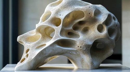 Stone sculpture resembling a skull with abstract, organic shapes and perforations, AI generated