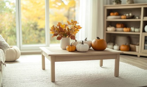 Scandinavian living room with a light wooden coffee table, white rug, autumn leaves centerpiece,
