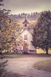 Image in retro style depicting autumn at countryside with walnut tree branches in foreground and