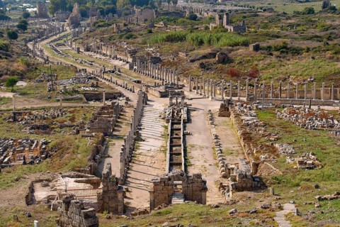 Overview of Perge, an ancient Greek city in Antalya, Turkey, Asia