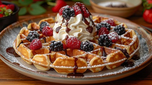Waffles with whipped cream, blackberries, raspberries, and chocolate, AI Generated, AI generated