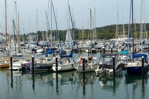 Sailing boats in the Rosenhof marina on the Priwall, seaside resort of Travemünde, Hanseatic city