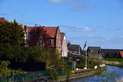 Panorama at the River Lühe in Spring in the Old Country, Steinkirchen, Lower Saxony, Germany,