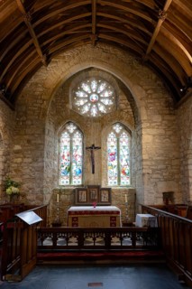 Stained glass window, altar, chapel, St Michaels Mount, Marazion, England, UK