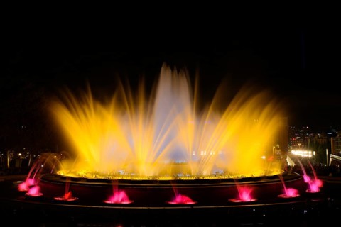 The colorful water show of Magic Fountain of Montjuic with light and music in Barcelona, Spain,