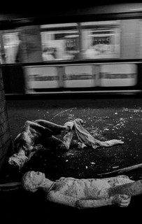 GDR, Berlin, 17 June 1990, Oranienburger Straße S-Bahn station, figures erected by the Weißensee