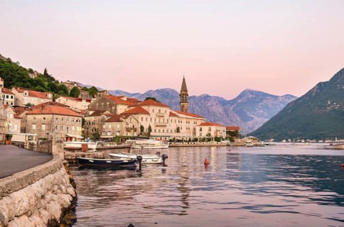 View of Old Town of Perast at summer sunset, Montenegro, Europe