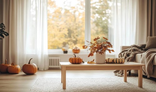 Scandinavian living room with a light wooden coffee table, white rug, autumn leaves centerpiece,