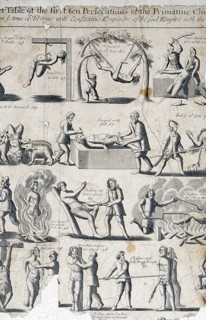 Illustrations from an early edition of Foxe's Book of Martyrs, showing methods of Romish