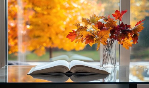 Minimalist table with a couple of books and a vase filled with vibrant autumn leaves AI generated