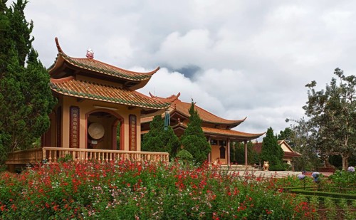 Chua Thien Vuong Pagoda with flowers, Dalat, Vietnam, Asia
