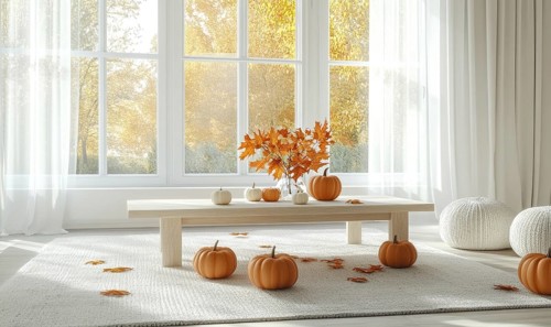 Scandinavian living room with a light wooden coffee table, white rug, autumn leaves centerpiece,
