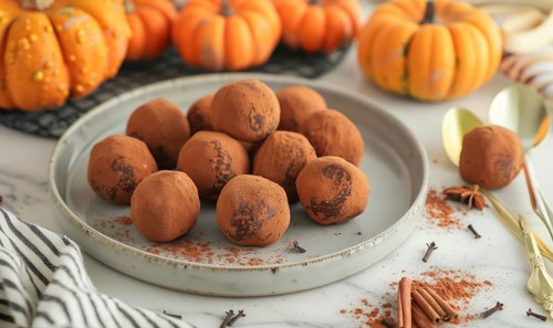 Pumpkin spice truffles arranged on a plate with small pumpkins AI generated