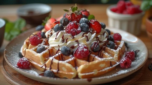 Waffles with whipped cream, an assortment of berries, and chocolate drizzle, AI Generated, AI