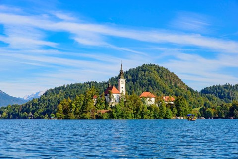 Bled Island on Lake Bled, a popular tourist destination in Slovenia