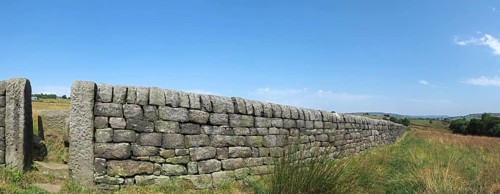 A long perspective view of a stone wall with gate between grass covered summer fields with blue sky