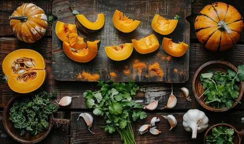 A top-down view of a wooden table with fresh cilantro, pumpkin wedges, garlic cloves AI generated