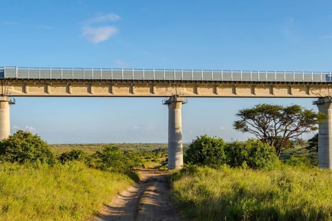 View of the viaduct of the Nairobi railroad to mombassa in the savannah of Nairobi Park in central