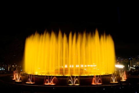 The colorful water show of Magic Fountain of Montjuic with light and music in Barcelona, Spain,