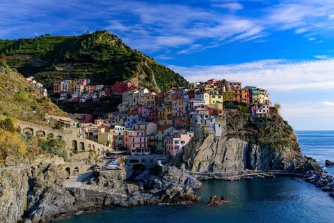 Manarola, one of the five Mediterranean villages in Cinque Terre, Italy, famous for its colorful