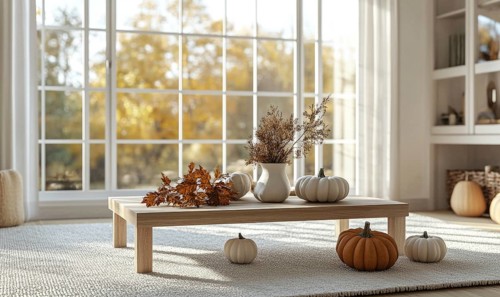 Scandinavian living room with a light wooden coffee table, white rug, autumn leaves centerpiece,