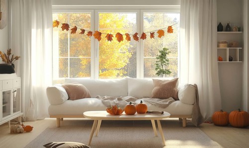 Scandinavian living room with a white sofa, light wooden coffee table, autumn leaves garland and