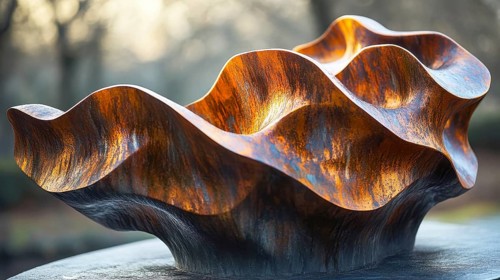 Brass sculpture with smooth, wavy design, bathed in natural light creating reflections, placed