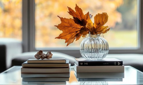 Minimalist table with a couple of books and a vase filled with vibrant autumn leaves AI generated