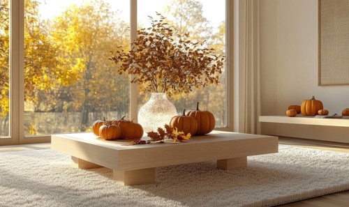 Scandinavian living room with a light wooden coffee table, white rug, autumn leaves centerpiece,