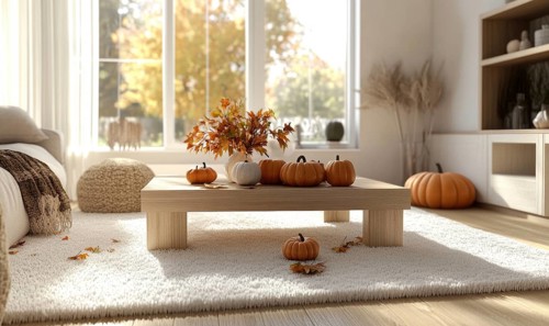 Scandinavian living room with a light wooden coffee table, white rug, autumn leaves centerpiece,
