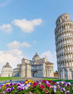 Flowers and Leaning Tower on Cathedral Square in Pisa, Italy, Europe
