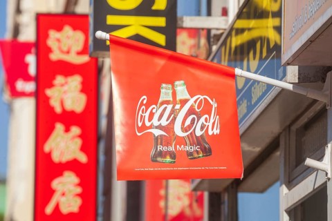 Coca Cola flag in front of a Chinese restaurant, Hamburg, Germany, Europe