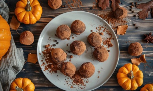 Pumpkin spice truffles arranged on a plate with small pumpkins AI generated
