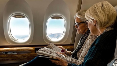 Two mature women enjoying reading while seated by the window in an airplane, showcasing a relaxing