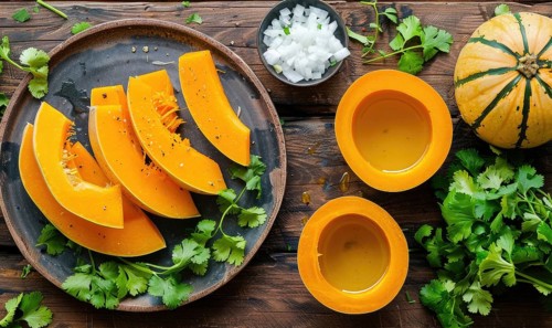 A top-down view of a table with fresh cilantro, pumpkin wedges, minced garlic, and a bowl of herbs