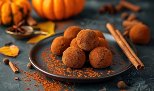 Pumpkin spice truffles arranged on a plate with small pumpkins AI generated