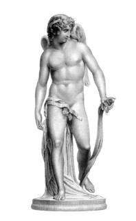 Statue of Cupid on engraving from the 1800s. Roman God of desire, affection and erotic love, that
