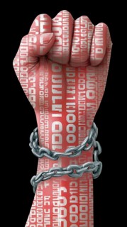Red fist with chains and binary code on a black background, symbolizing struggle and resistance, AI