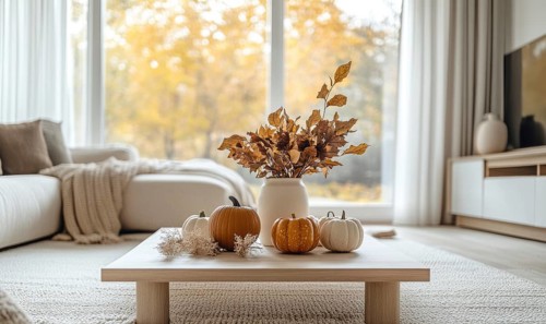 Scandinavian living room with a light wooden coffee table, white rug, autumn leaves centerpiece,