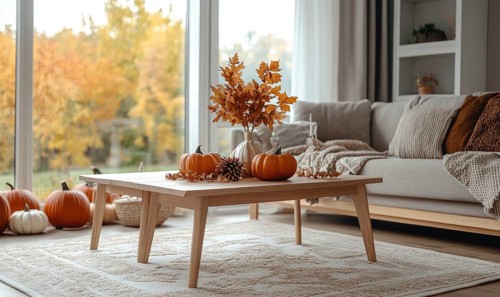 Scandinavian living room with a light wooden coffee table, white rug, autumn leaves centerpiece,