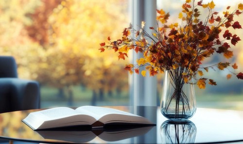 Minimalist table with a couple of books and a vase filled with vibrant autumn leaves AI generated