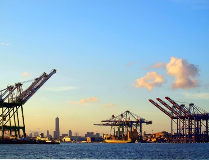 Silhouette of Kaohsiung city seen from the container port terminal