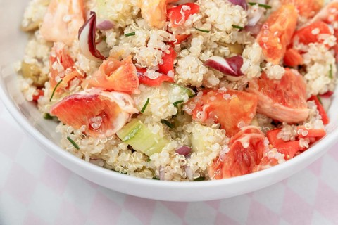 Quinoa salad with blood oranges, radiccio, cucumber and olives