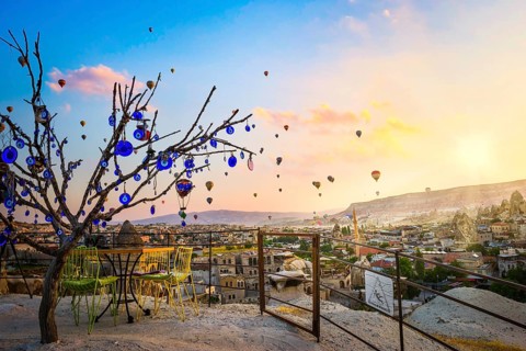 Dry tree with nazars amulets in Cappadocia at sunrise