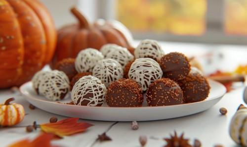 Pumpkin spice truffles arranged on a plate with small pumpkins AI generated
