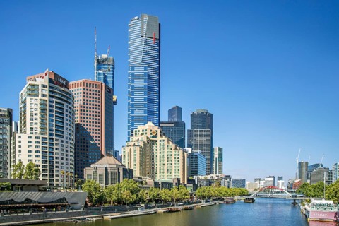 Yarra River with the Eureka Tower and the Evan Walker Bridge in Melbourne, Victoria